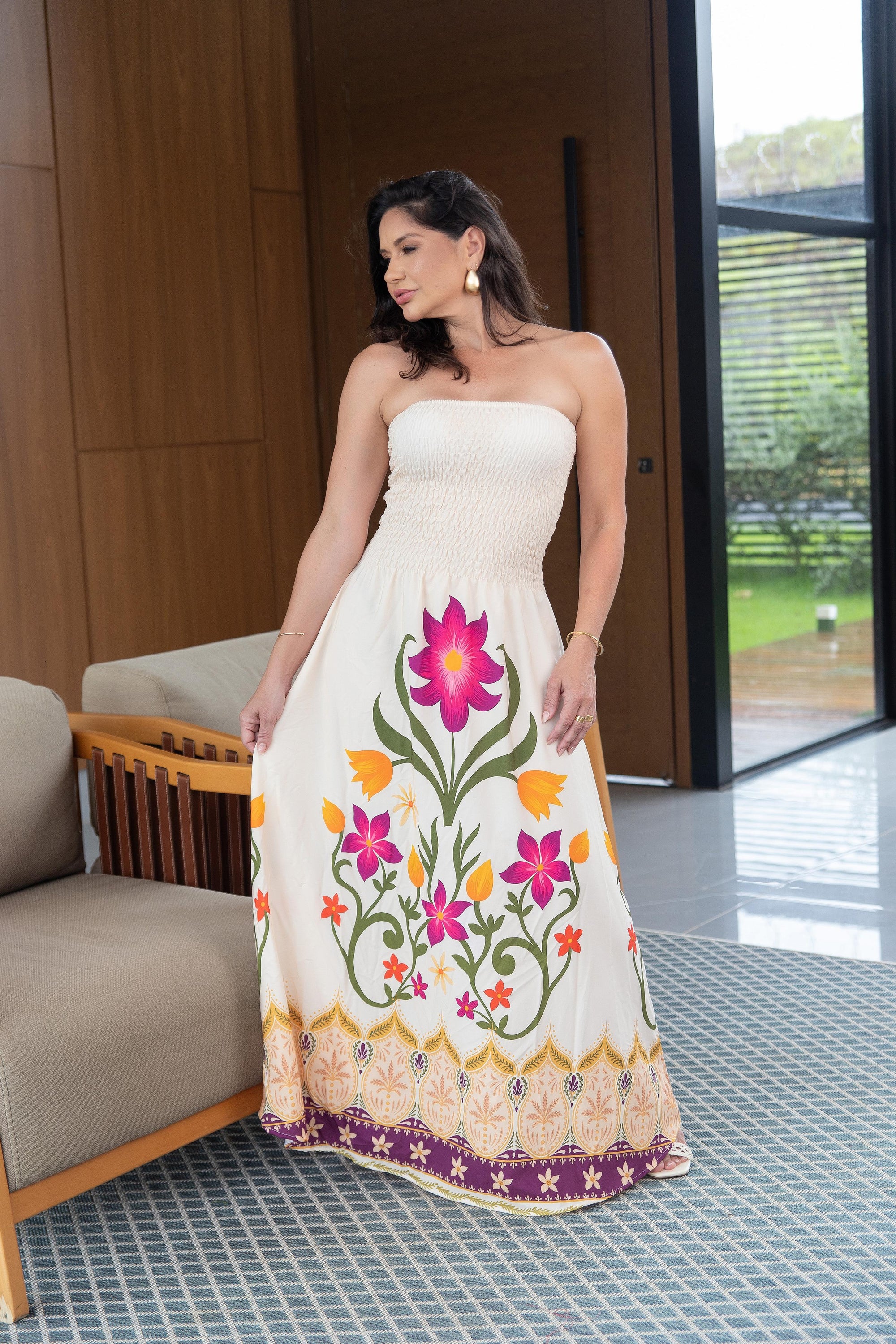 VESTIDO - Jardim central (creme com flores magenta)
